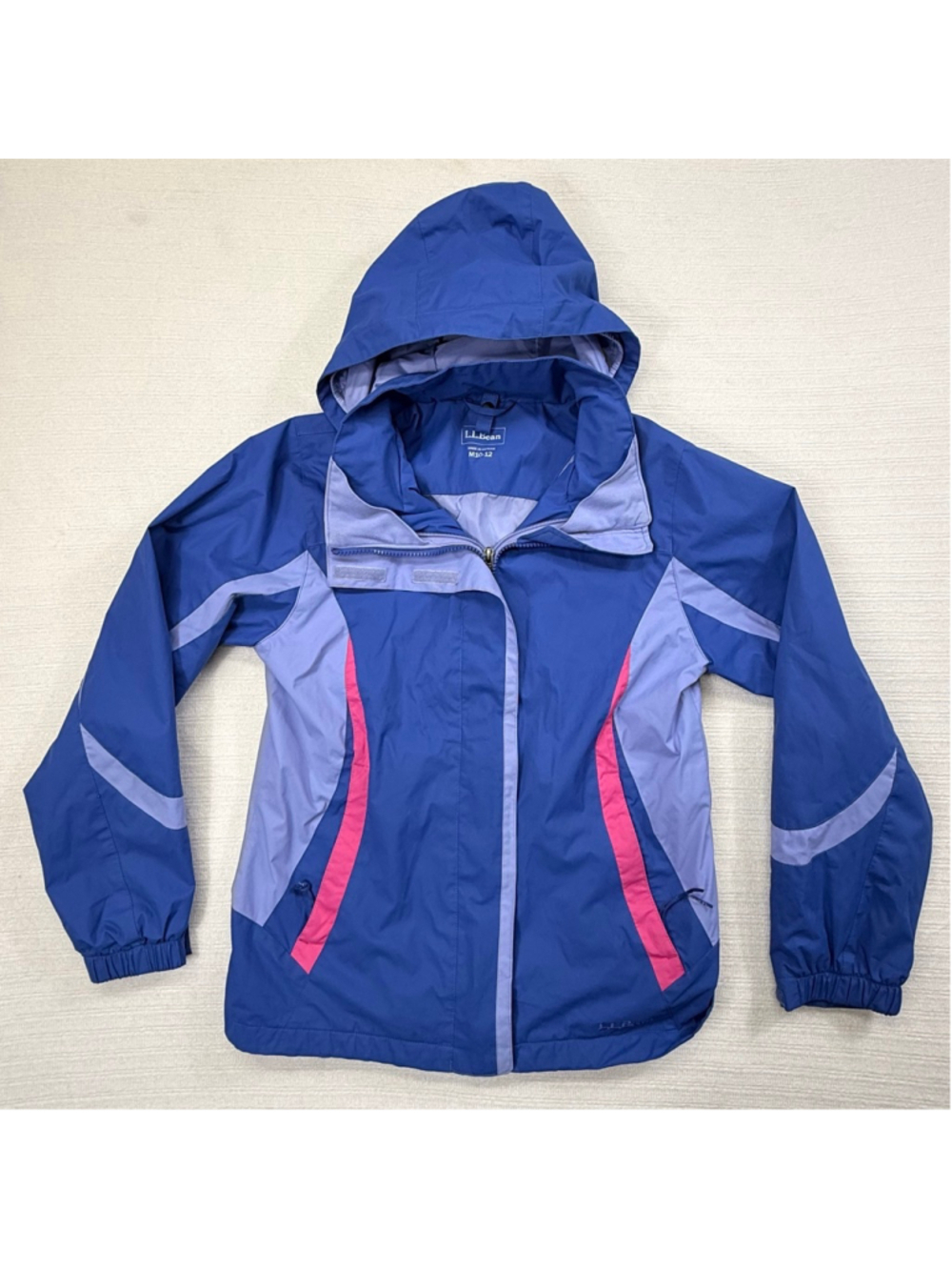 Girls L.L. Bean Raincoat M Blue Pink Purple Hooded Double Zipper Medium